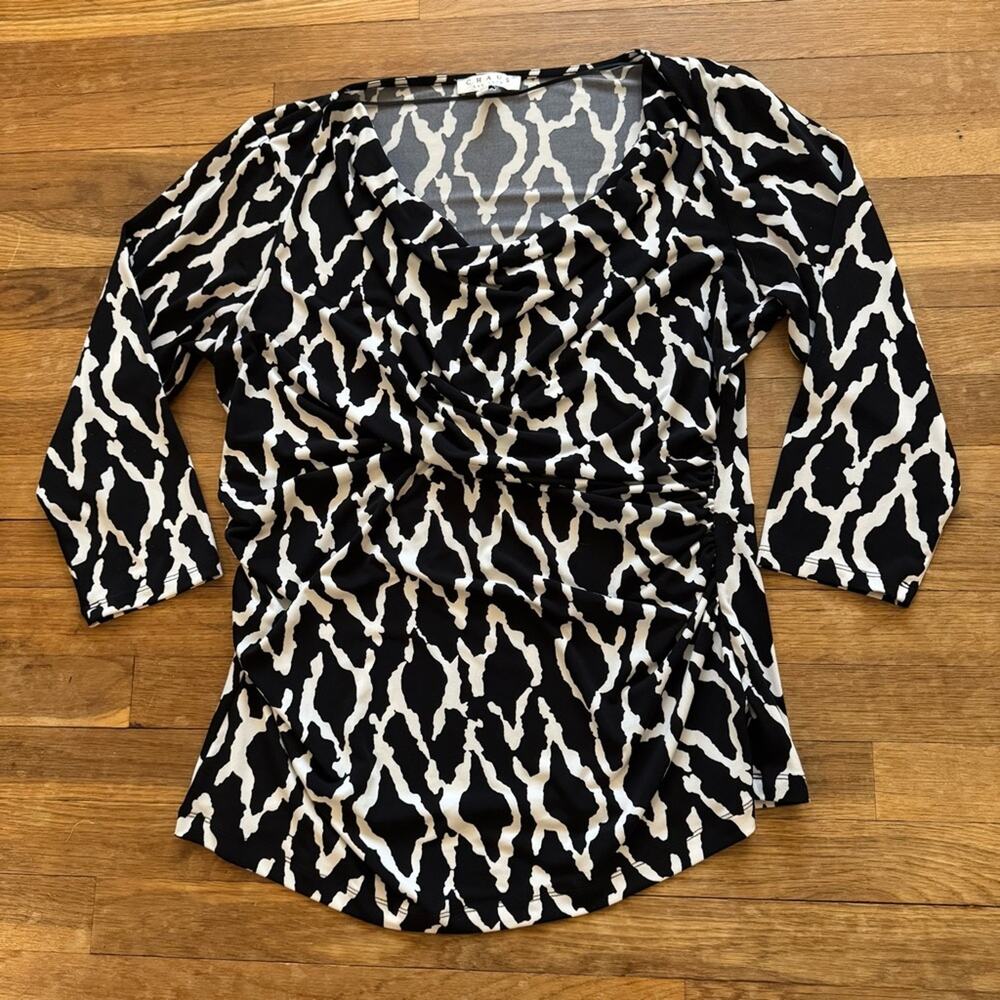 Chaus New York black white 3/4 sleeve drape neck rushed tunic blouse sz XL
 b35